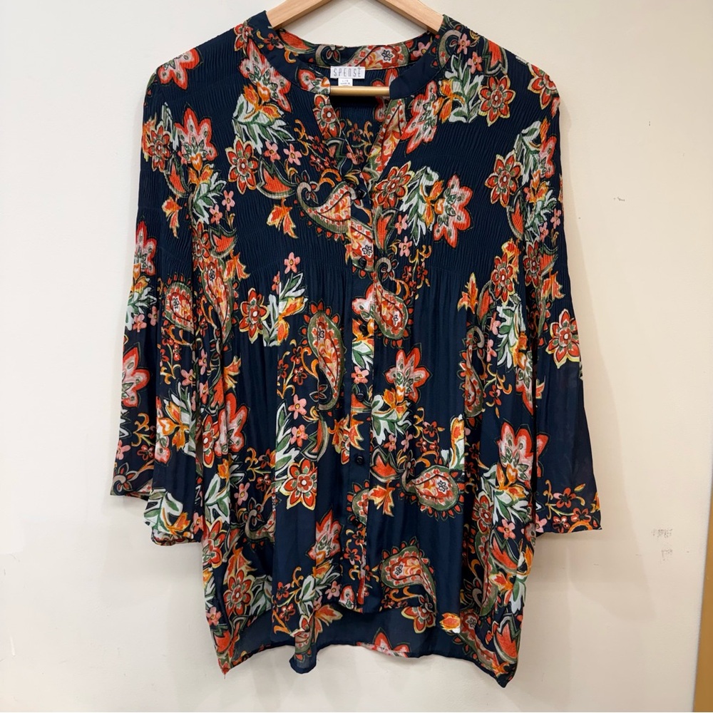 Spence Navy Floral Paisley Pleated Blouse size Large